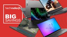 Several gaming laptops scattered on a red background with the text 'BIG SAVINGS'.