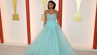 Halle Bailey in sheer Tiffany blue princess gown at the 2023 Oscars