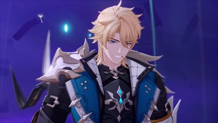 Genshin Impact character Varka on purple background