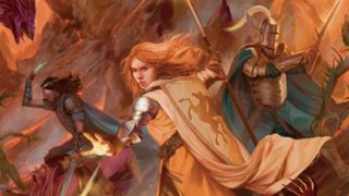 An armored woman with a shield casts a spell from her outstretched hand as other adventurers fight monsters in the background, all taken from D&amp;D artwork in the 2024 Player&#039;s Handbook