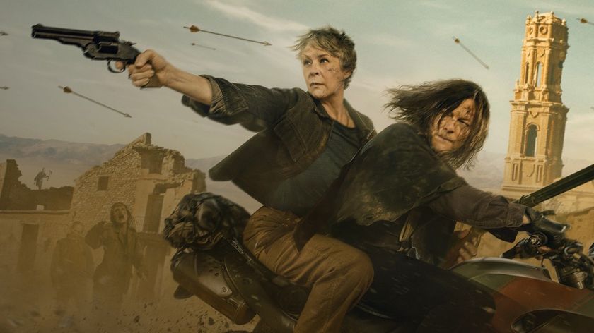 Daryl Dixon (Norman Reedus) riding a motorcycle while Carol Peletier (Melissa McBride) aims a gun at the back in a promotional image for &quot;The Walking Dead: Daryl Dixon&quot; season 3