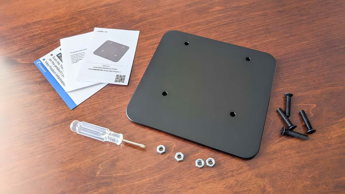 JSAUX VESA adapter, screws, nuts, screwdriver, and manuals.
