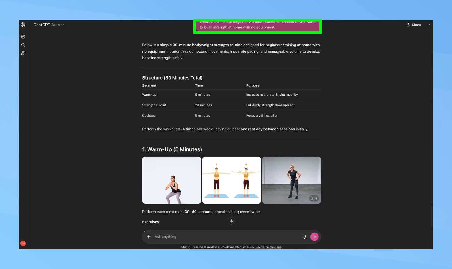 ChatGPT workout plan prompt