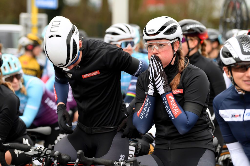 NOKERE BELGIUM MARCH 17 Start Thalita De Jong of Netherlands and Team Bingoal Casino Chevalmeire during the 3rd Nokere Koerse Danilith Classic 2021 Womens Elite a 124km race from Deinze to Nokere NokereKoerse on March 17 2021 in Nokere Belgium Photo by Mark Van HeckeGetty Images