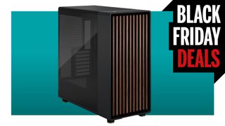 An image of a Fractal Design North XL PC case against a teal background with a white border, and a Black Friday Deals logo