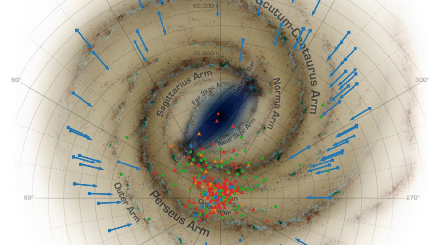 A diagram of the Milky Way with dots showing where the newfound pulsars are roughly located.