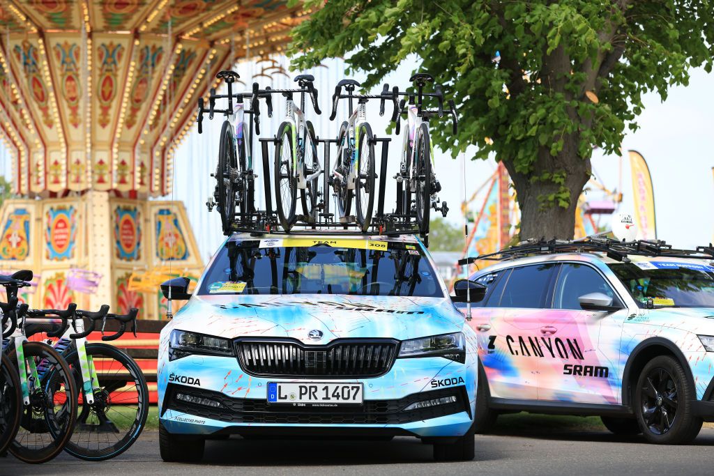 MALDON ENGLAND MAY 27 Team CanyonSRAM Racing cars prior to the 6th RideLondon Classique 2023 Stage 2 a 1331km stage from Maldon to Maldon UCIWWT on May 27 2023 in Maldon England Photo by Stephen PondGetty Images