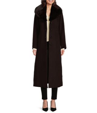 Michael Michael Kors Wool Blend Removable Faux Fur Collar Button Front Walker Coat