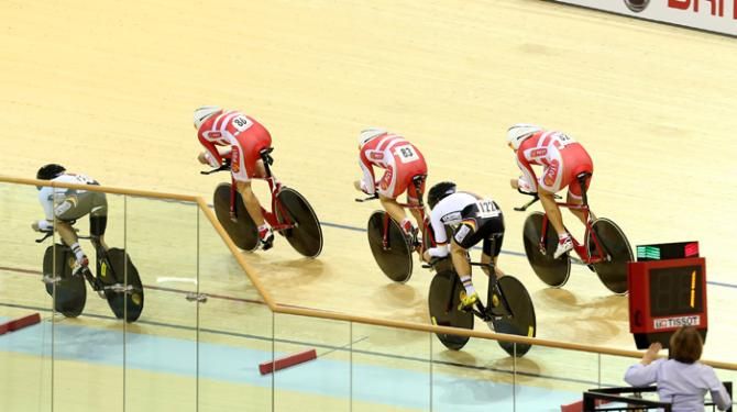 The Danish team finally catch the Germans in the team pursuit final
