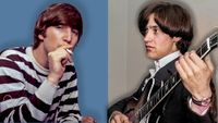 LEFT: John Lennon, 1965 - London, England, United Kingdom. RIGHT: Dave Davies of The Kinks pop group rehearsing in their dressing room before a concert September 1964