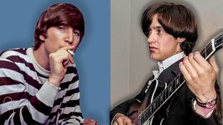 LEFT: John Lennon, 1965 - London, England, United Kingdom. RIGHT: Dave Davies of The Kinks pop group rehearsing in their dressing room before a concert September 1964