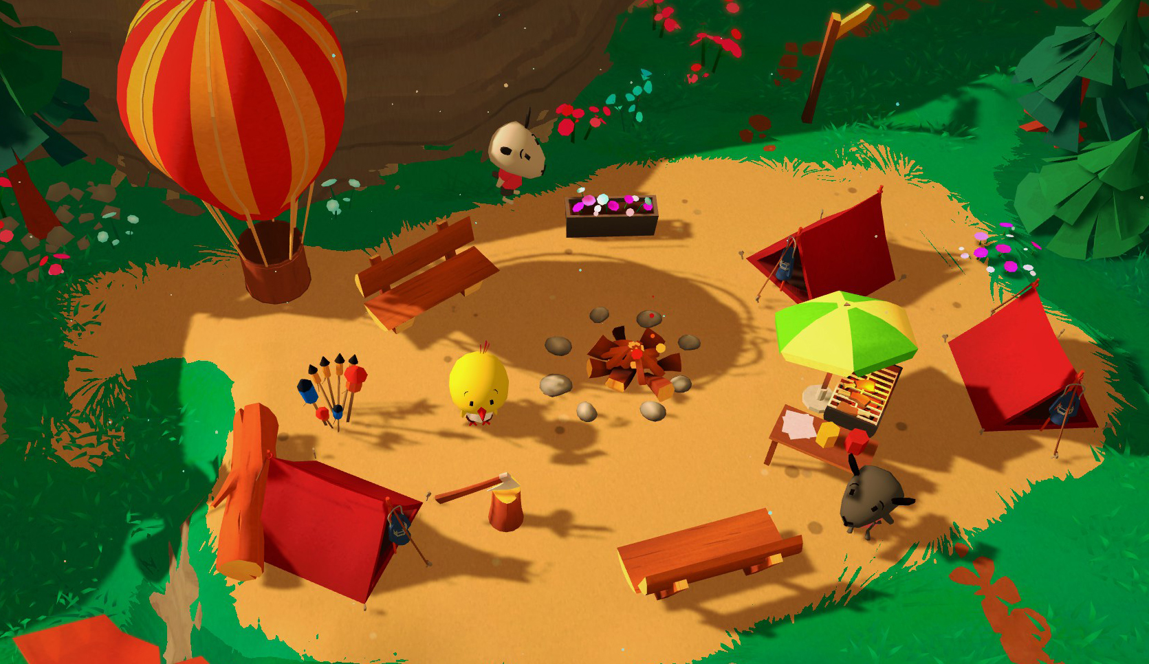 Haven Park - a yellow bird sits at a bright colored campsite