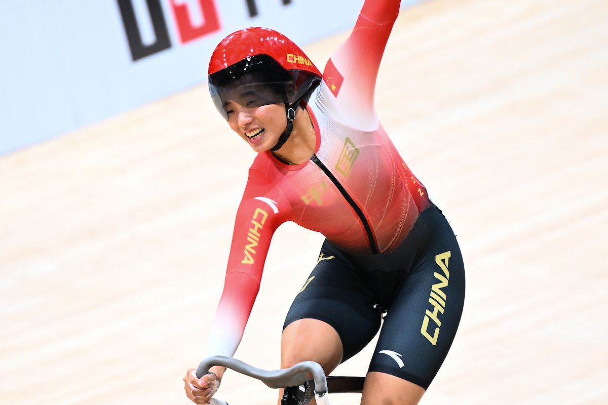 Liying Yuan (China) celebrates winning the Women's Sprint at the 2026 UCI Track World Championships