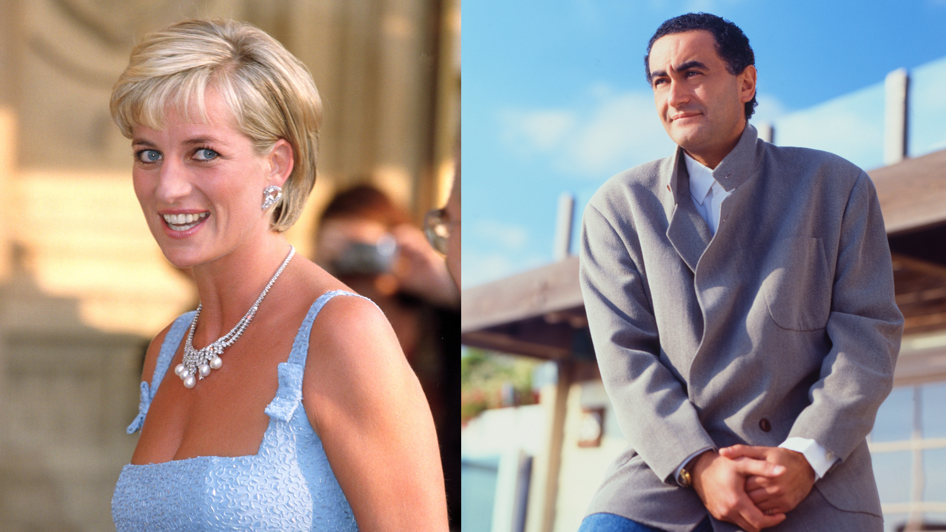 A split image of Princess Diana smiling in a blue dress and Dodi Fayed posing outside in a gray coat 