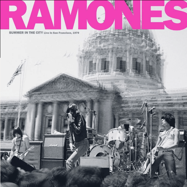 The album cover of The Ramones Summer In The City LP. It features all the members of The Ramones playing live at a gig in black and white