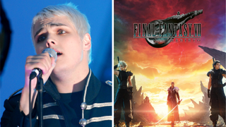 A photo of Gerard Way onstage with My Chemical Romance in 2006, next to the cover of Final Fantasy 7 Rebirth