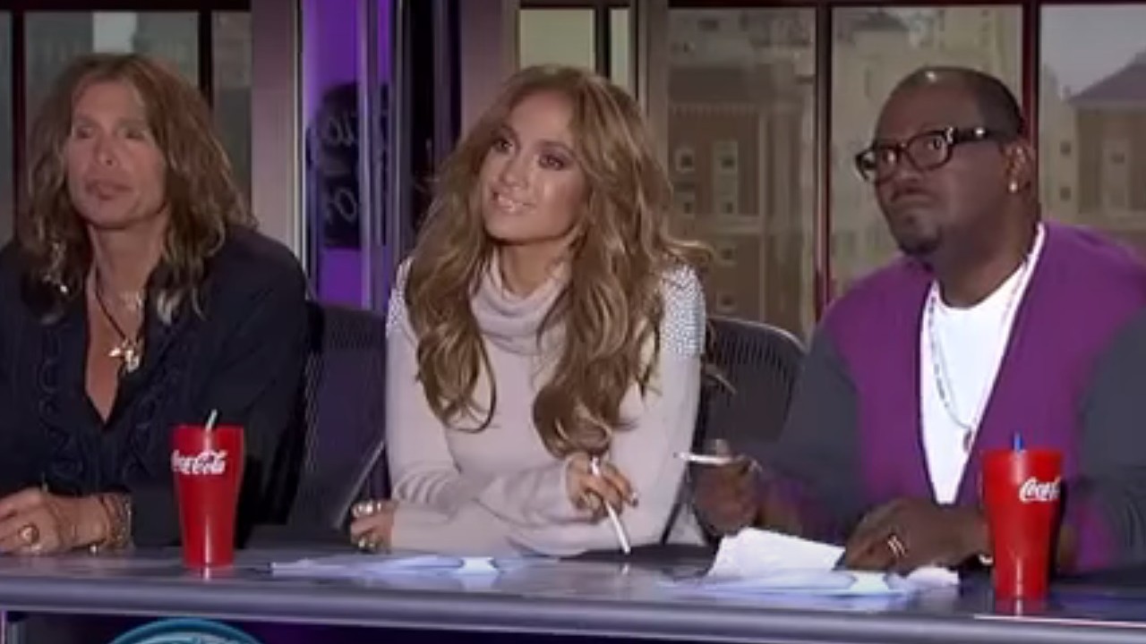 Jennifer Lopez with Steven Tyler and Randy Jackson on American Idol