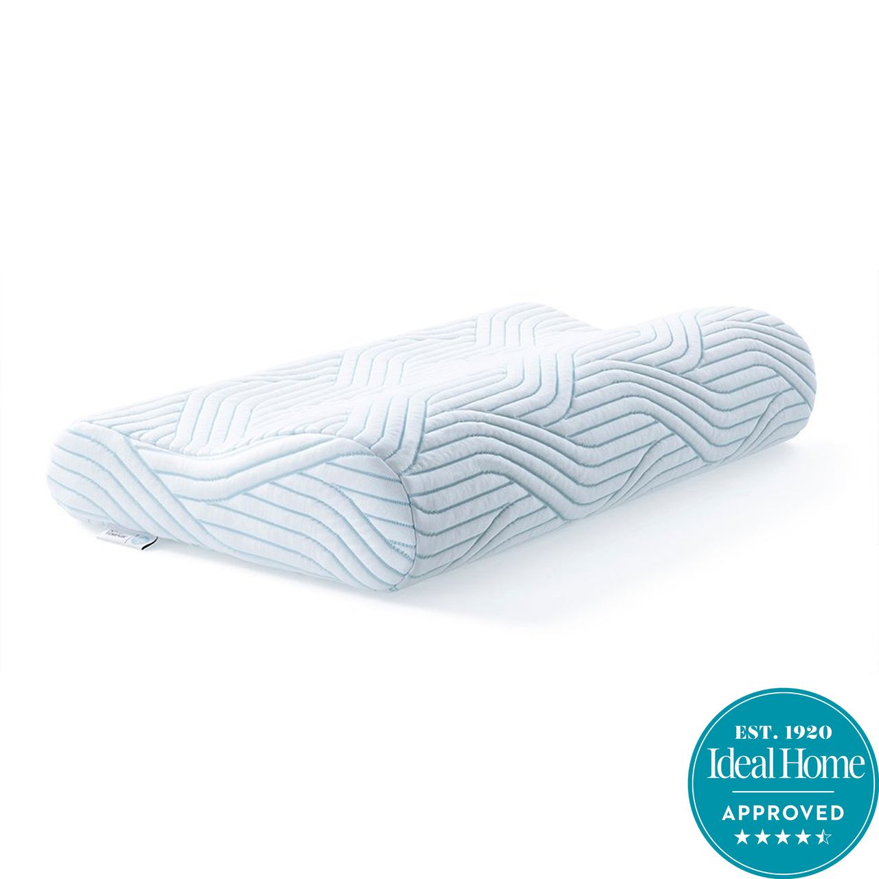 Tempur Original SmartCool Pillow with curved edges and blue pattern, on a white background