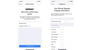 The Apple Store app showing a carrier PIN and the personal information form for iPhone preorder preapproval for the iPhone Upgrade Program