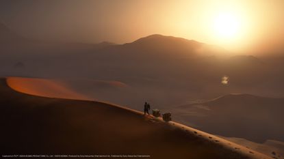 Death Stranding 2 PS5 screenshot of Sam walking across a desert hillside with boxing trailing behind him