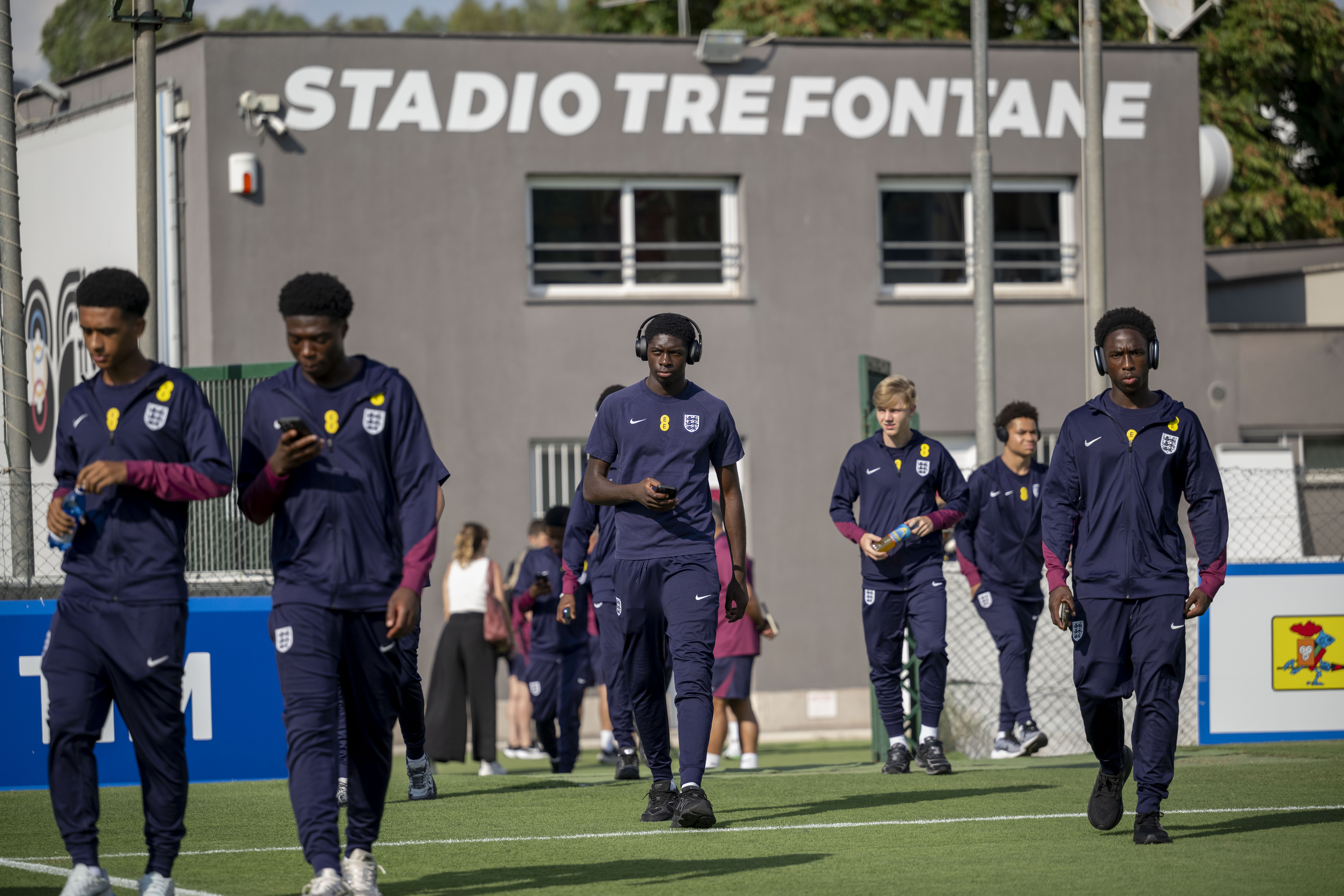 ROME, ITALY - AUGUST 26: England U16 players arrive at Stadio Tre Fontane before the Friendly Match between Italy U16 and England U16, on August 26, 2025 in Rome, Italy. (Photo by Antonio Masiello - The FA/The FA via Getty Images)