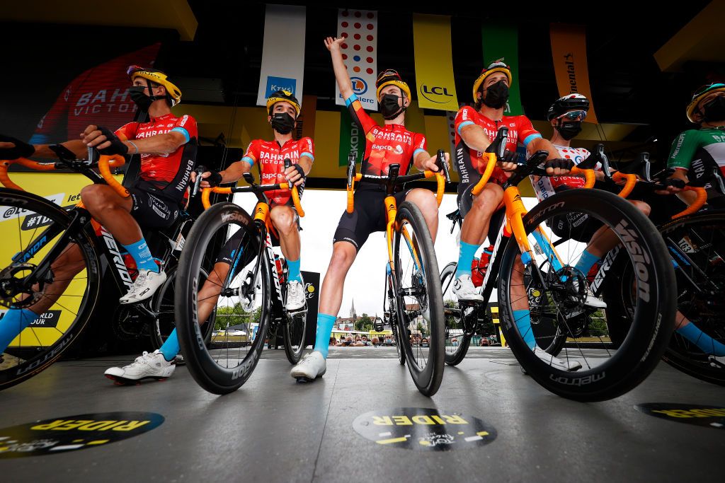 LUZ ARDIDEN FRANCE JULY 15 Pello Bilbao of Spain Sonny Colbrelli of Italy Dylan Teuns of Belgium Wout Poels of The Netherlands Polka Dot Mountain Jersey Matej Mohori of Slovenia Polka Dot Mountain Jersey Marco Haller of Austria Fred Wright of The United Kingdom and Team Bahrain Victorious at start during the 108th Tour de France 2021 Stage 18 a 1297km stage from Pau to Luz Ardiden 1715m LeTour TDF2021 on July 15 2021 in Luz Ardiden France Photo by Chris GraythenGetty Images