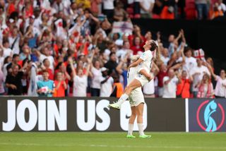 Alessia Russo and Ella Toone of England celebrate after the 2-1 wom during the UEFA Women's Euro 2022 final match
