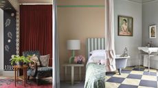 living room with dark red curtains, doorway with painted motifs, neutral bedroom with green picture rail, light gray bathroom with checkerboard flooring