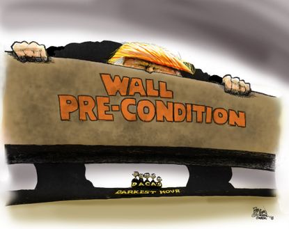 Political cartoon U.S. Trump border wall DACA immigration deal