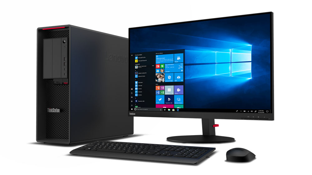 The Lenovo ThinkStation P620 workstation with monitor, keyboard and mouse.