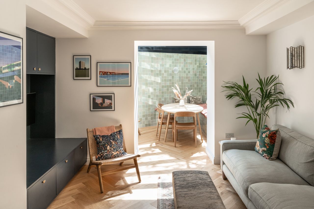 A small dark living room and dining room