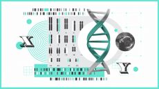 Illustration of human chromosomes, a DNA helix, and genetic data