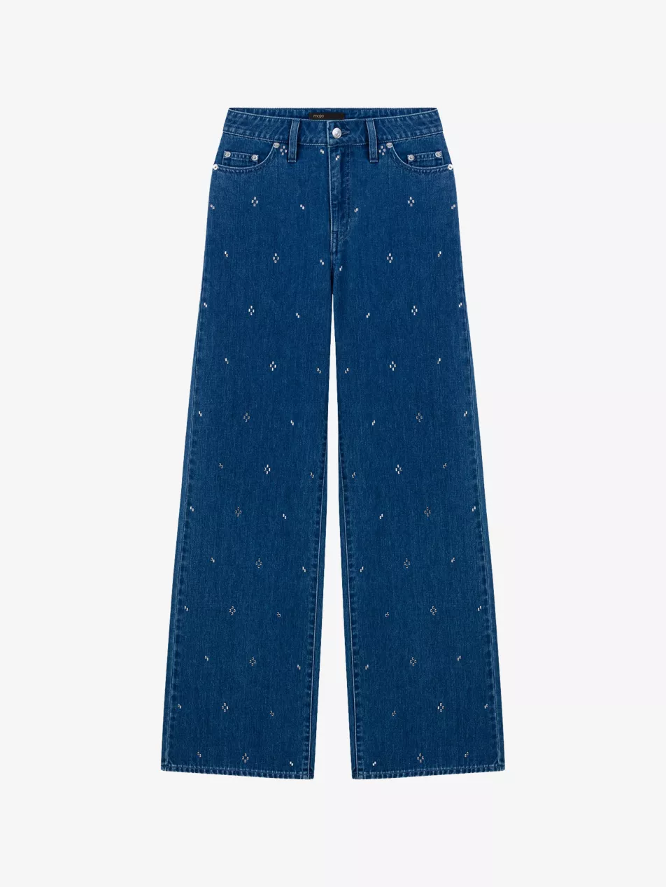Wide-Leg Rhinestone-Embellished Denim Jeans - 6