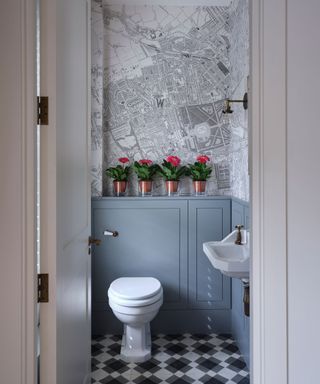 toilet with map wallpaper and blue woodwork