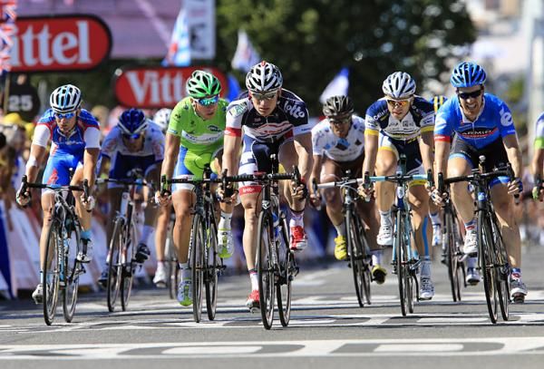 Birthday boy Andre Greipel (Lotto Belisol) takes the field sprint for 7th place as the peloton arrives in Pau nearly 12 minutes behind the breakaway.