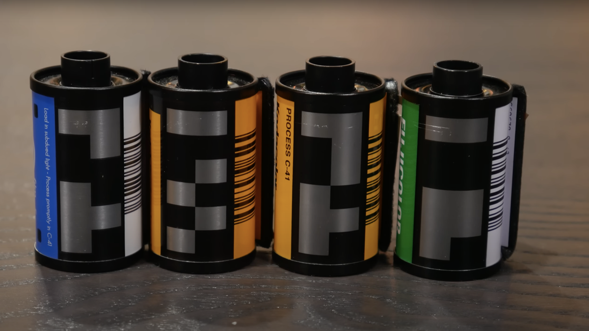 Still from YouTube video showing four rolls of 35mm film