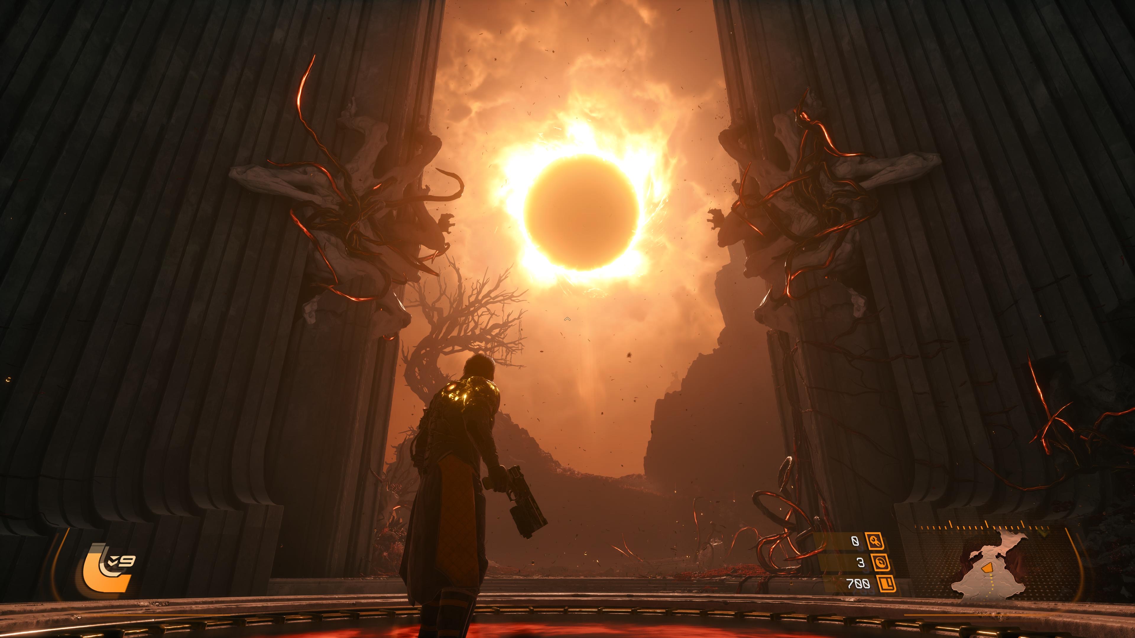 Screens from PS5 game Saros showing patterns of bright lights