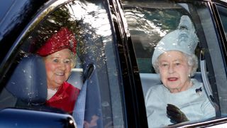 Queen Elizabeth II accompanied by her cousin Lady Mary Colman (née Bowes-Lyon) attends Sunday service at the Church of St Mary Magdalene on the Sandringham estate on January 27, 2013 in King's Lynn, England.