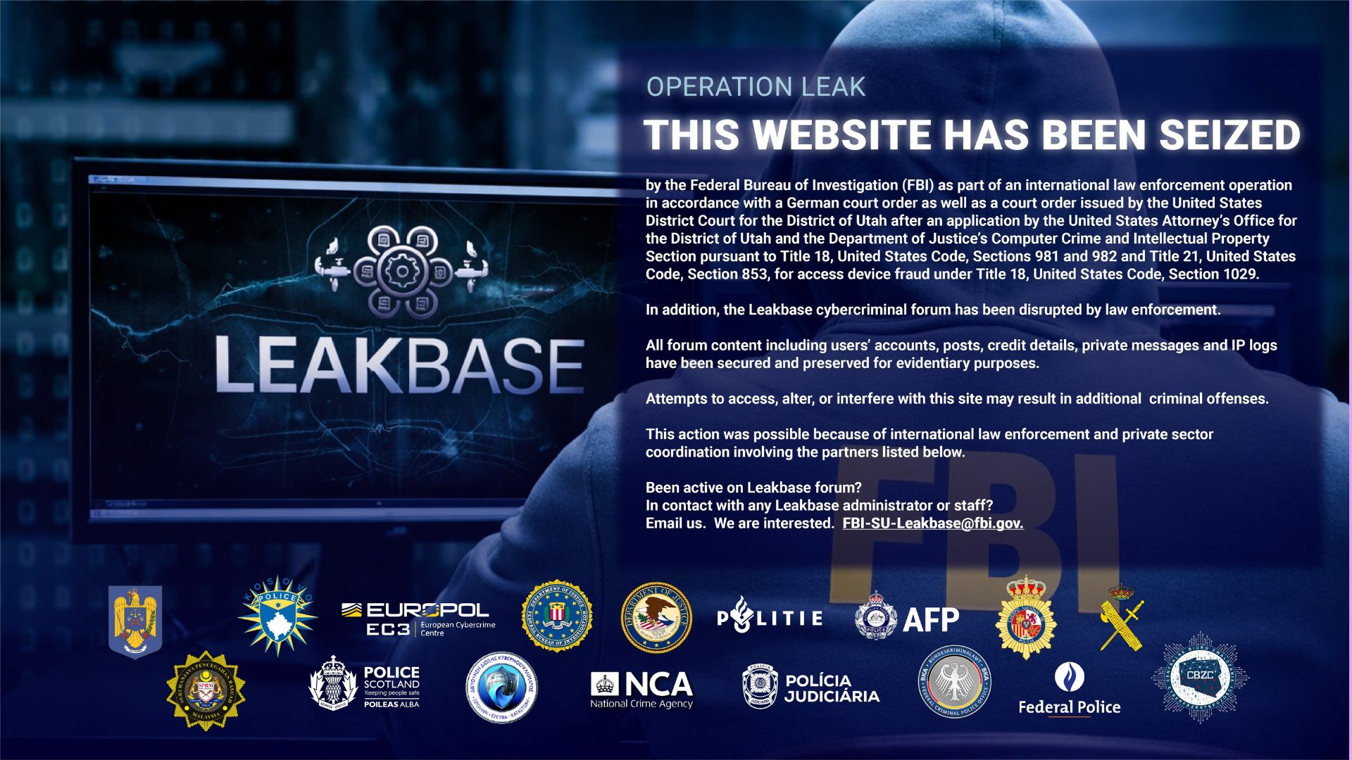 A screenshot from the LeakBase website, showing that the website has been seized