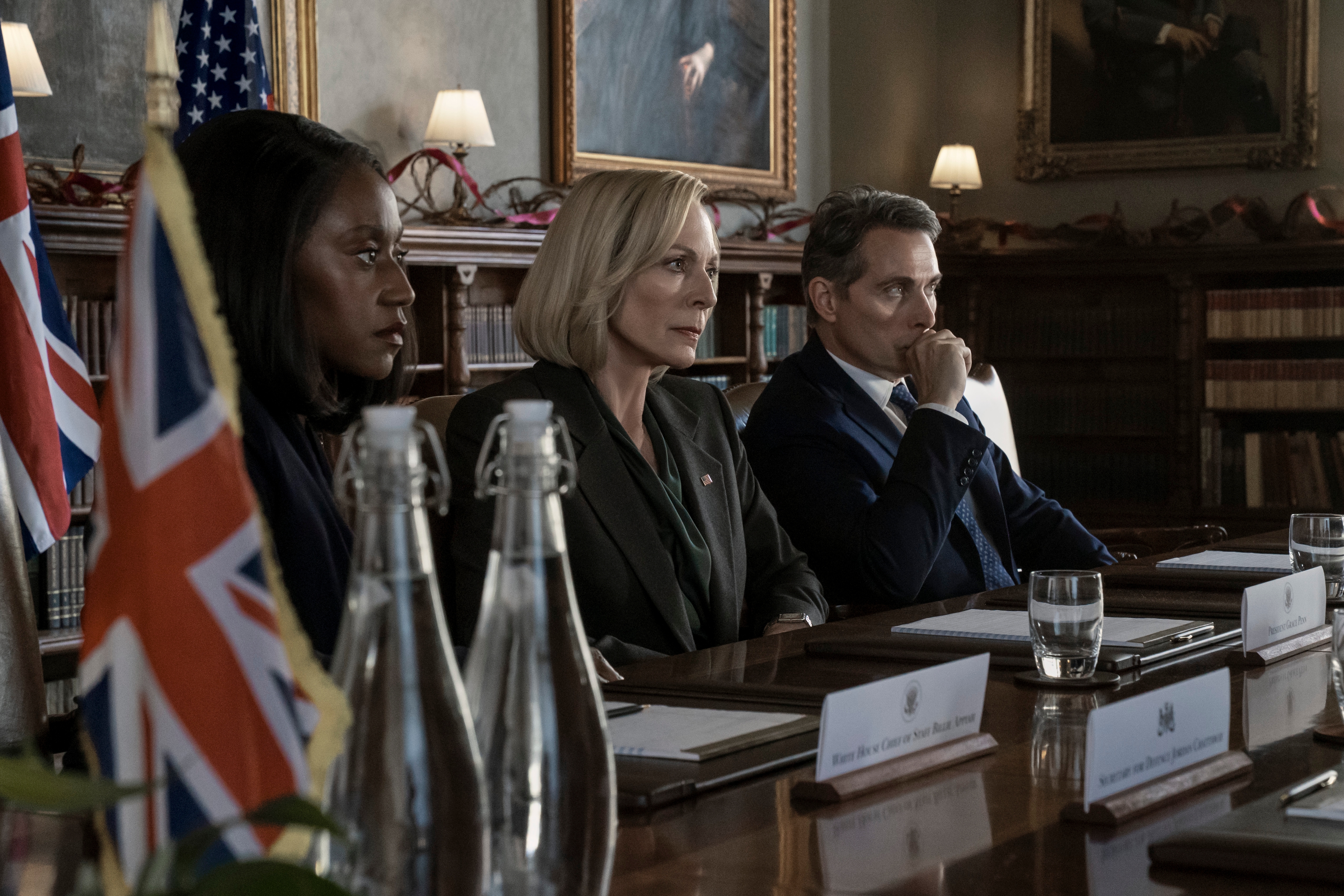 The Diplomat. (L to R) Nana Mensah as Billie Appiah, Allison Janney as Grace Penn, Rufus Sewell as Hal Wyler in episode 308 of The Diplomat. Cr. Clifton Prescod/Netflix &amp;copy; 2025