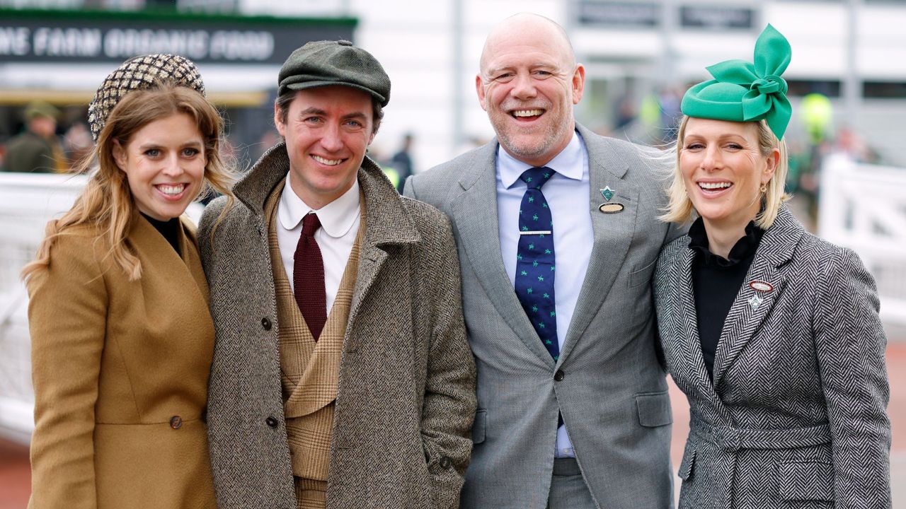 Princess Beatrice, Edoardo Mapelli Mozzi, Mike Tindall and Zara Tindall attend day 3 &#039;St Patrick&#039;s Thursday&#039; of the Cheltenham Festival at Cheltenham Racecourse on March 14, 2024 in Cheltenham, England