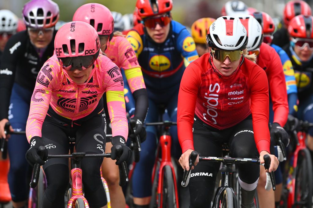 LIEGE BELGIUM APRIL 24 LR Clara Koppenburg of Germany and Team EF EducationCannondale and Nikola Noskova of Czech Republic and Cofidis Women Team compete during the 8th Liege Bastogne Liege Femmes 2024 a 1529km one day race from Bastogne to Liege UCIWWT on April 24 2024 in Liege Belgium Photo by Luc ClaessenGetty Images