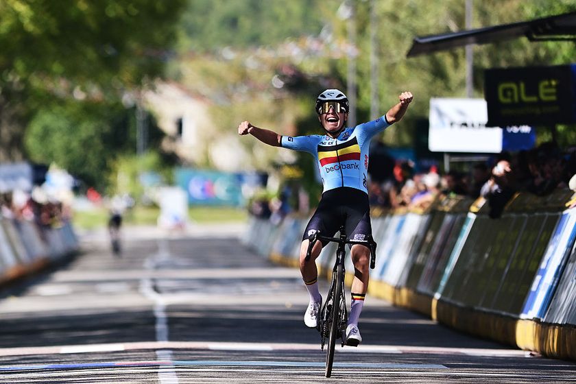 GUILHERAND-GRANGES, FRANCE - OCTOBER 04: Jarno Widar of Team Belgium celebrates at finish line as gold medal winner during the 31st UEC Road Cycling European Championships 2025 - Men&amp;apos;s U23 Road Race a 121.1km one day race from Guilherand-Granges to Guilherand-Granges on October 04, 2025 in Guilherand-Granges, France. (Photo by Billy Ceusters/Getty Images)