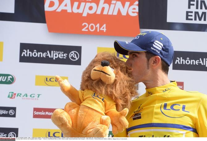 Alberto Contador (Tinkoff Saxo) celebrates moving into the Crit&eacute;rium du Dauphin&eacute; race lead