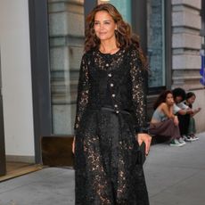 Katie Holmes wears a see through sparkly Chanel lace set while walking in Manhattan