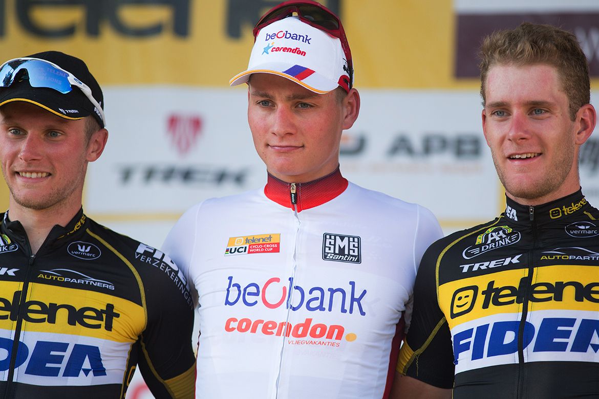 Mathieu van der Poel (Beobank-Corendon) is flanked by Telenet Fidea Lions duo Corne Van Kessel and Daan Soete