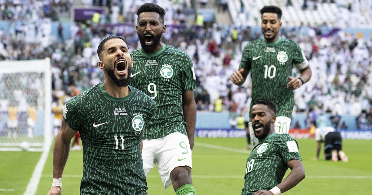 Saleh Al-Shehri of Saudi Arabia celebrates scoring his side&#039;s equalising goal to make the score 1-1 during the FIFA World Cup Qatar 2022 Group C match between Argentina and Saudi Arabia at Lusail Stadium on November 22, 2022 in Lusail City, Qatar.