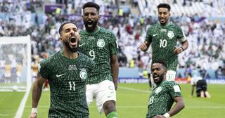 Saleh Al-Shehri of Saudi Arabia celebrates scoring his side's equalising goal to make the score 1-1 during the FIFA World Cup Qatar 2022 Group C match between Argentina and Saudi Arabia at Lusail Stadium on November 22, 2022 in Lusail City, Qatar.