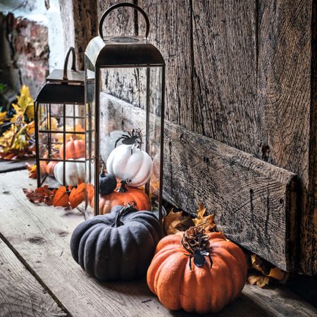 Painted pumpkin decorations and lanterns