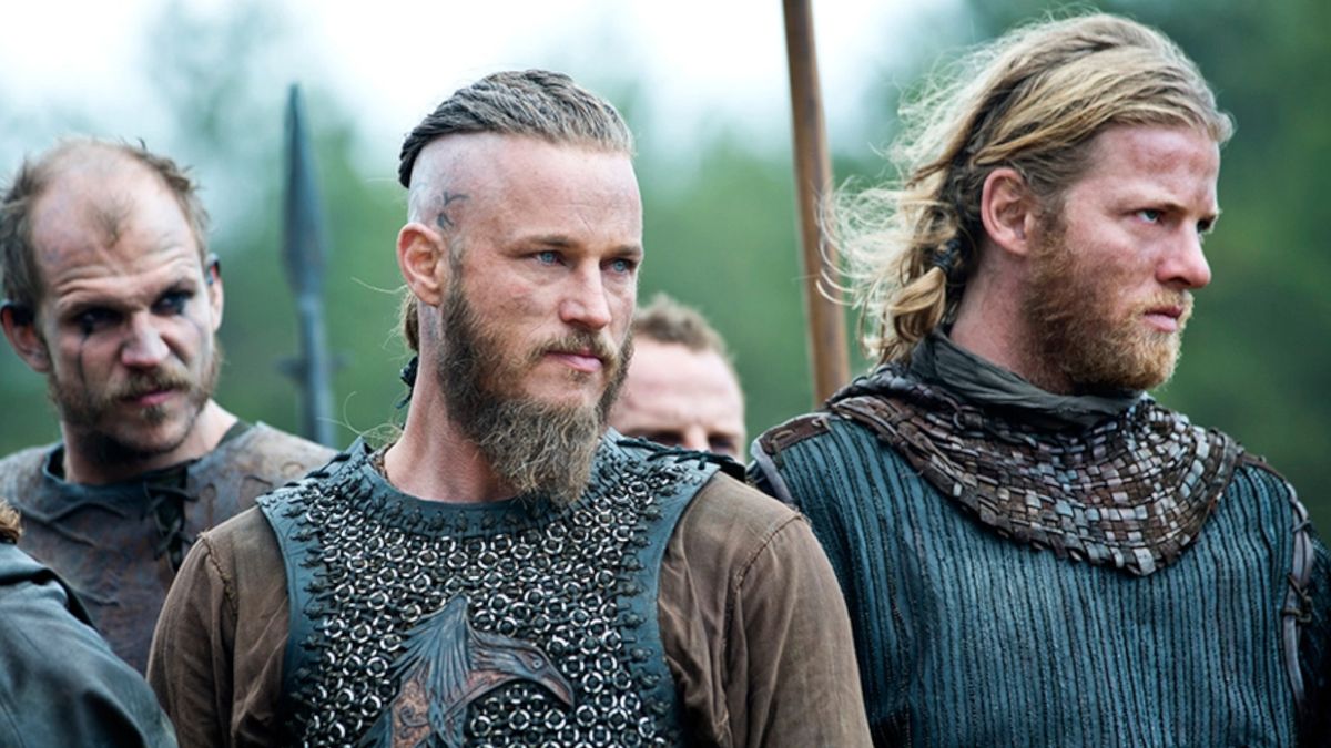 A group of Men wearing armour during the TV show, Vikings. 